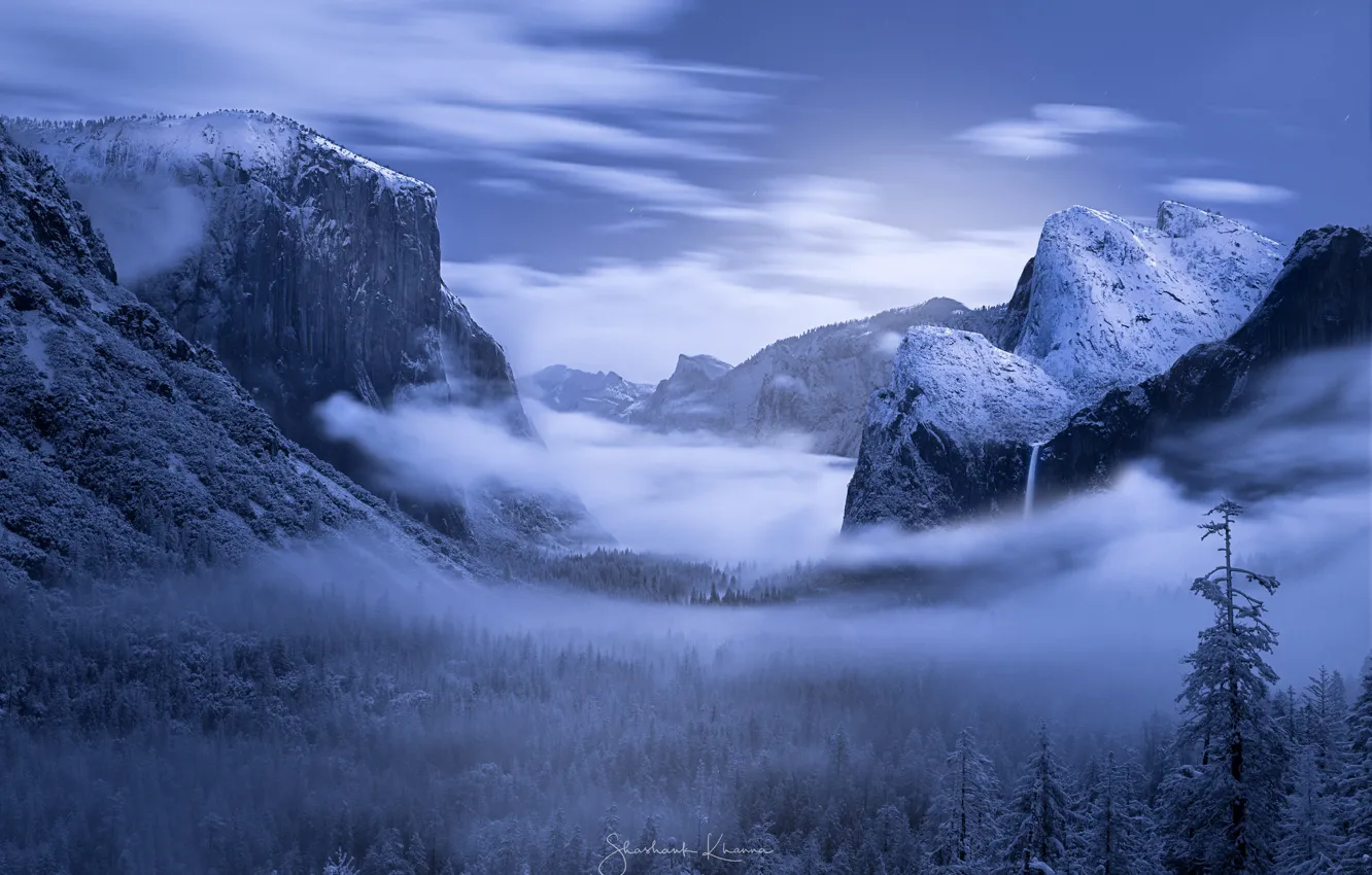Фото обои зима, лес, снег, горы, ночь, Йосемиитская долина