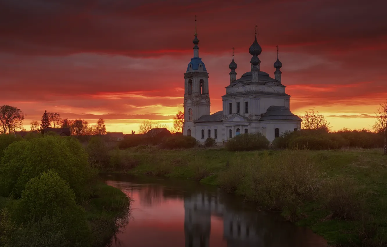 Фото обои пейзаж, закат, природа, церковь, речушка, Максим Евдокимов