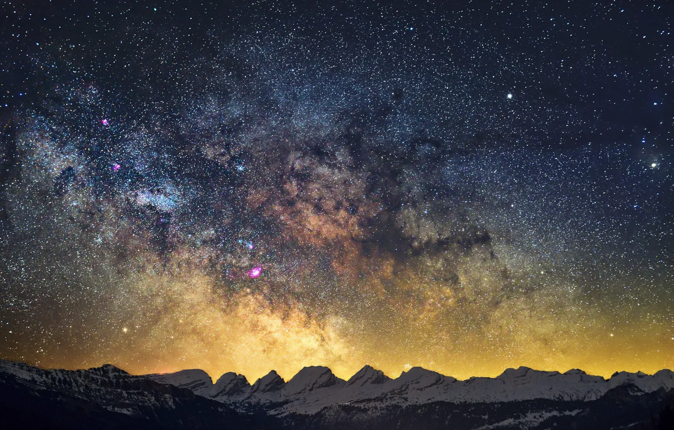 Фото обои sky, winter, mountains, snow, stars, Milky Way, mystery