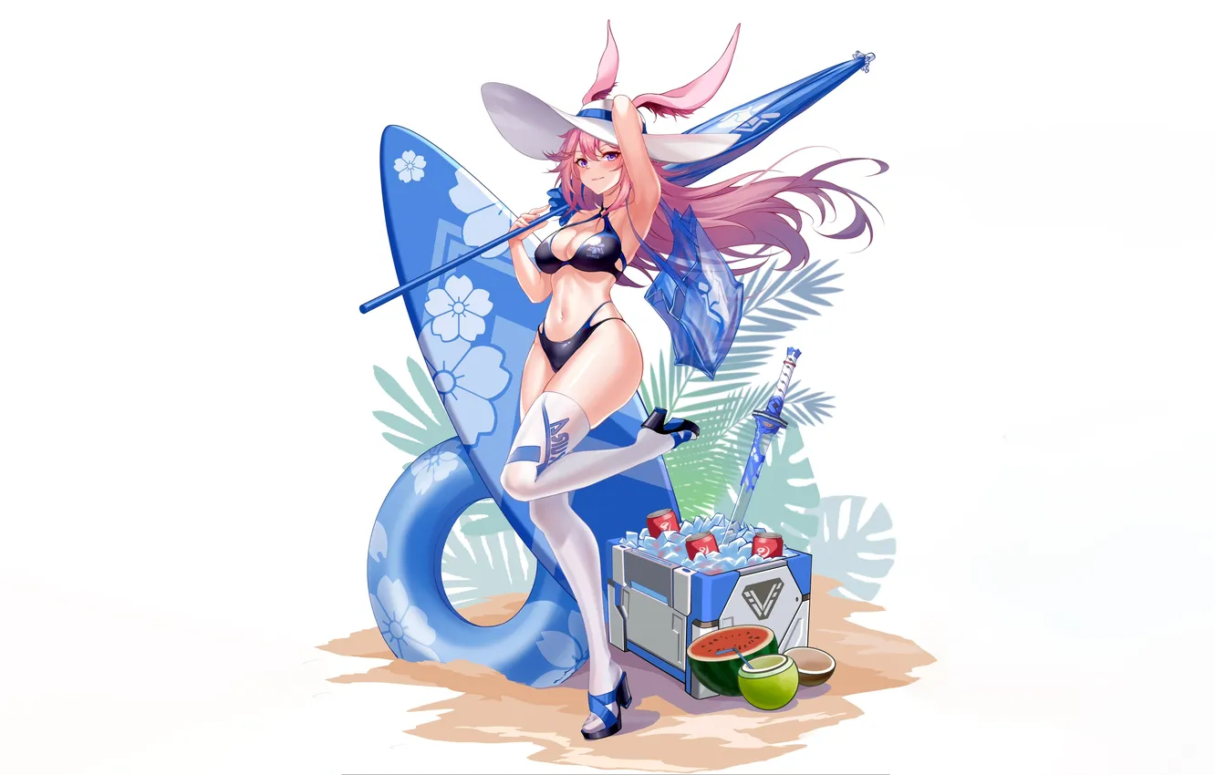 Фото обои girl, sword, sexy, cleavage, beach, thighhighs, pink hair, long hair