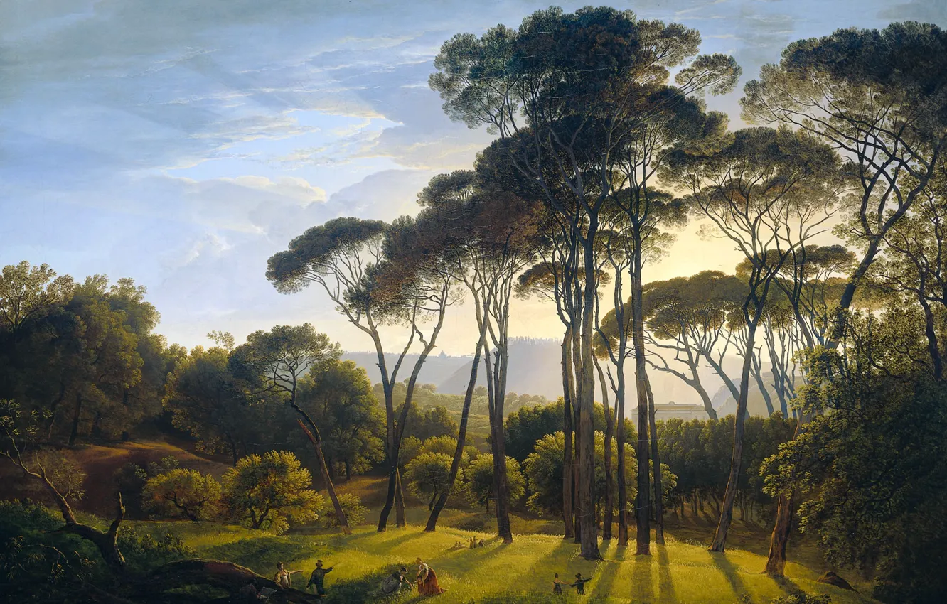 Фото обои деревья, масло, картина, холст, Хендрик Воогд, Итальянский Пейзаж с Соснами