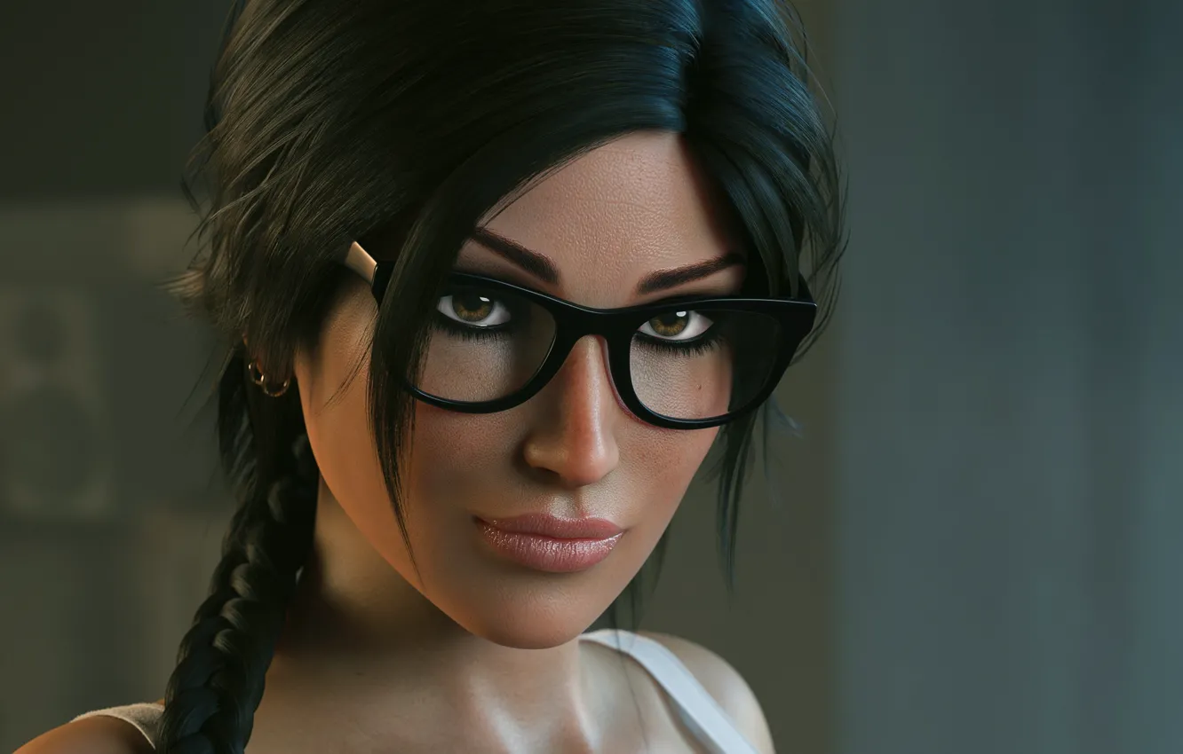 Фото обои девушка, лицо, рендеринг, красота, очки, Tomb Raider, Lara Croft, nerdy