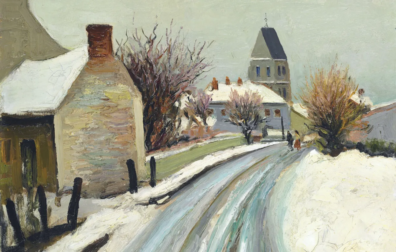 Фото обои снег, пейзаж, дерево, дома, картина, городской, Марсель Диф, The Street of Perdreau Bois at Arcy …