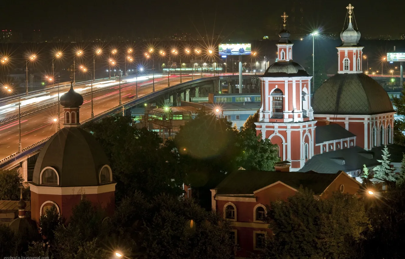 Фото обои дорога, огни, Ночь, Церковь, Москва