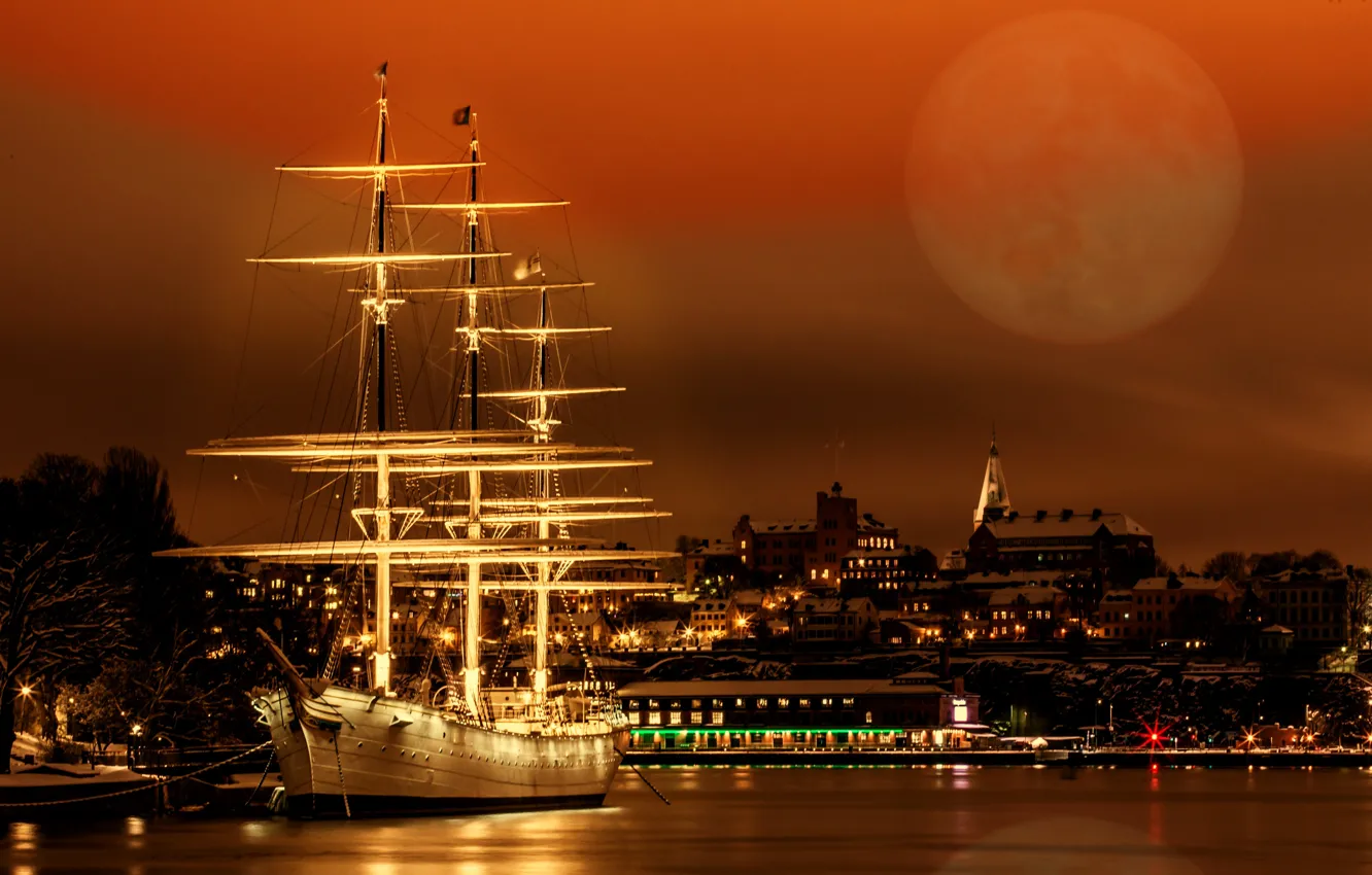Фото обои ночь, корабль, парусник, музей, Стокгольм