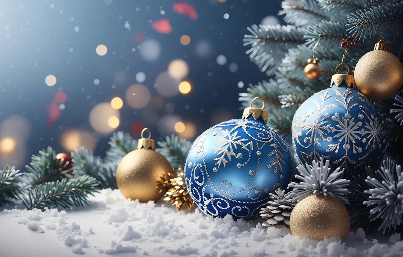Фото обои зима, снег, украшения, шары, елка, Новый Год, Рождество, golden
