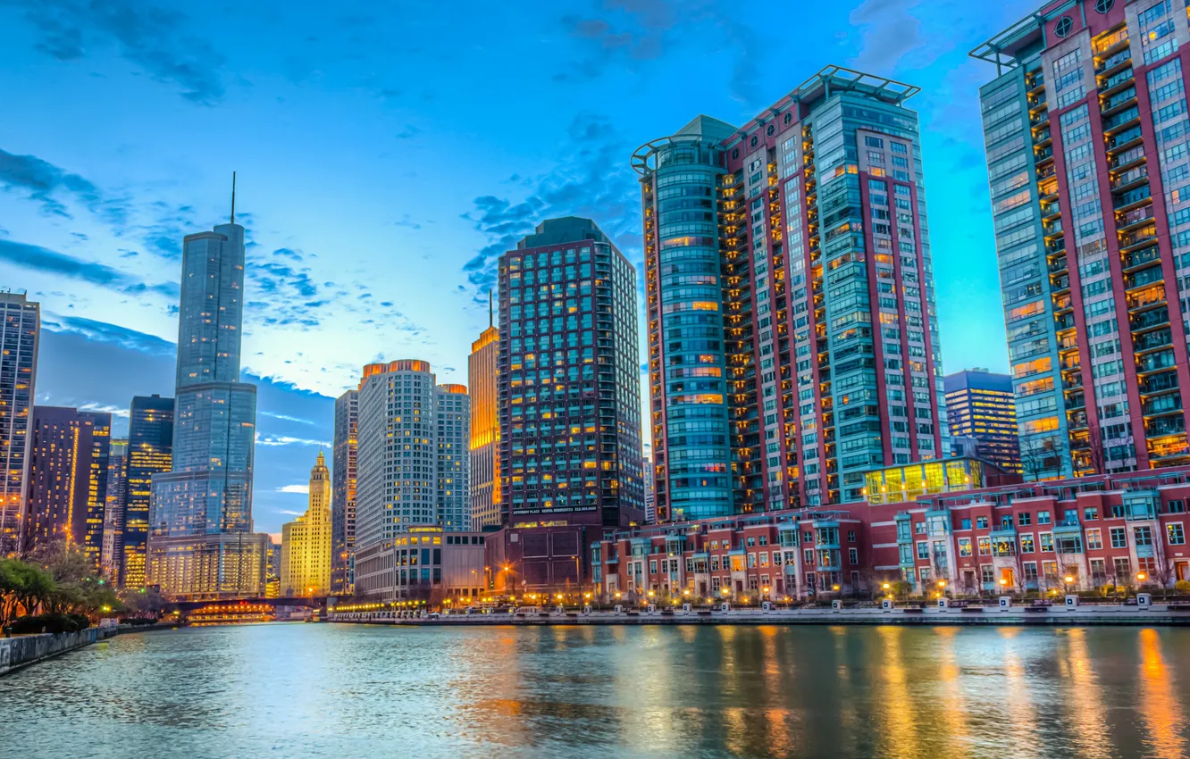 Фото обои река, здания, Чикаго, Иллинойс, Chicago, Illinois, набережная, небоскрёбы