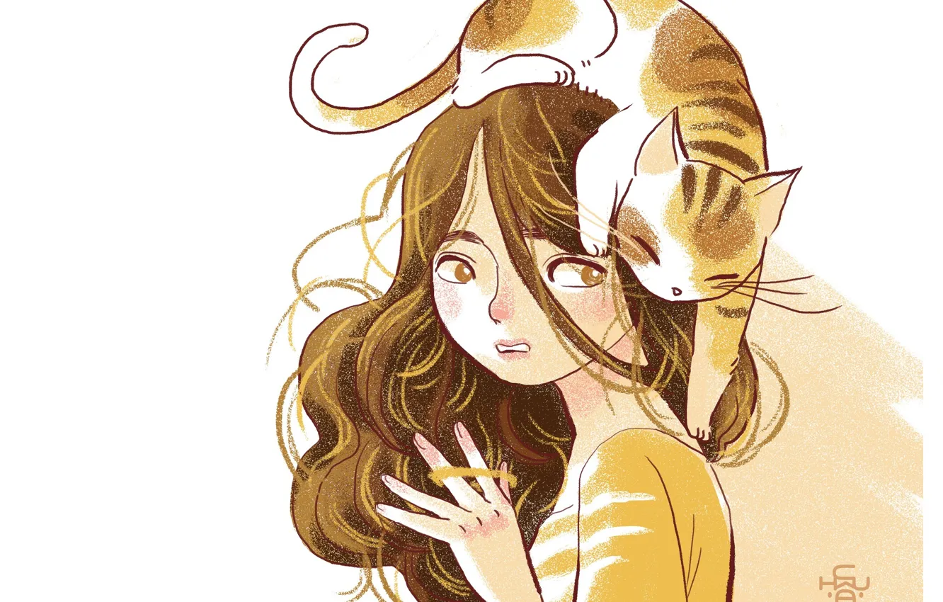 Фото обои белый фон, шатенка, вьющиеся волосы, полосатый кот, на голове, девушка с котом, by Adventureofmoc