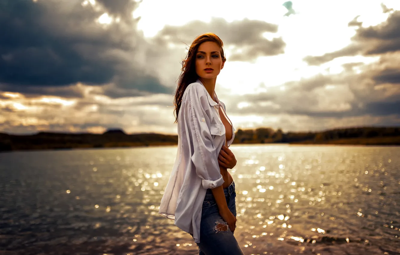 Фото обои грудь, джинсы, рубашка, губки, прелесть, Miro Hofmann, Lissy