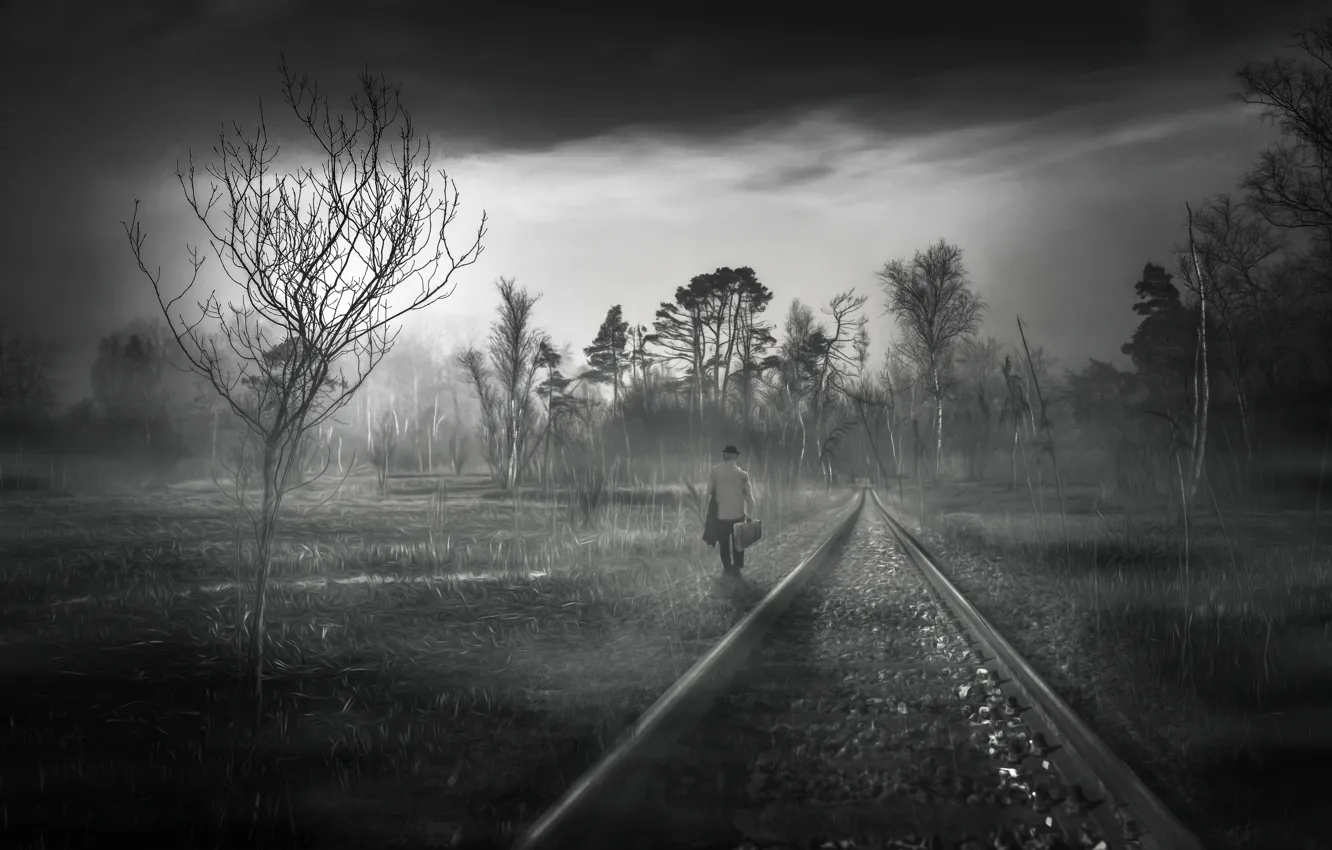 Фото обои пейзаж, перспектива, человек, железная дорога
