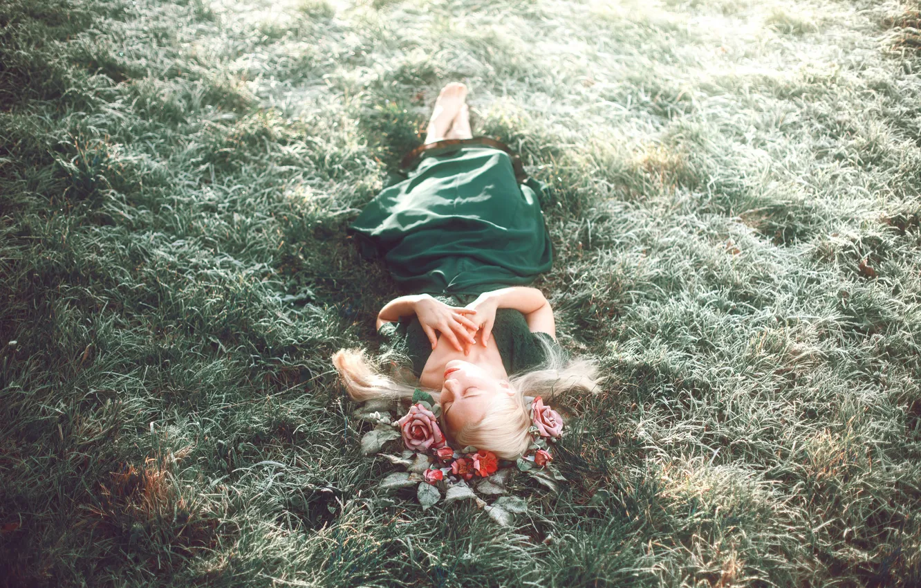 Фото обои трава, девушка, блондинка, лежит