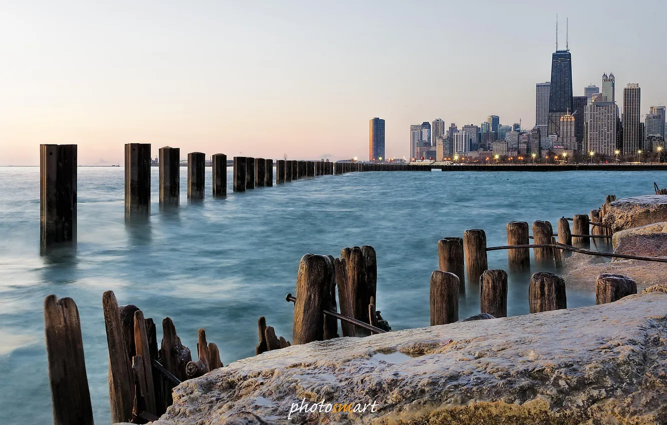 Фото обои город, озеро, берег, небоскребы, Чикаго