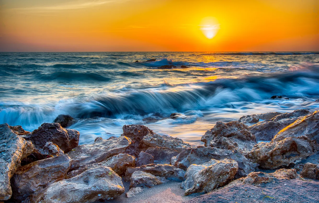Фото обои море, закат, камни, Флорида, Florida, Мексиканский залив, Caspersen Beach, Сарасота