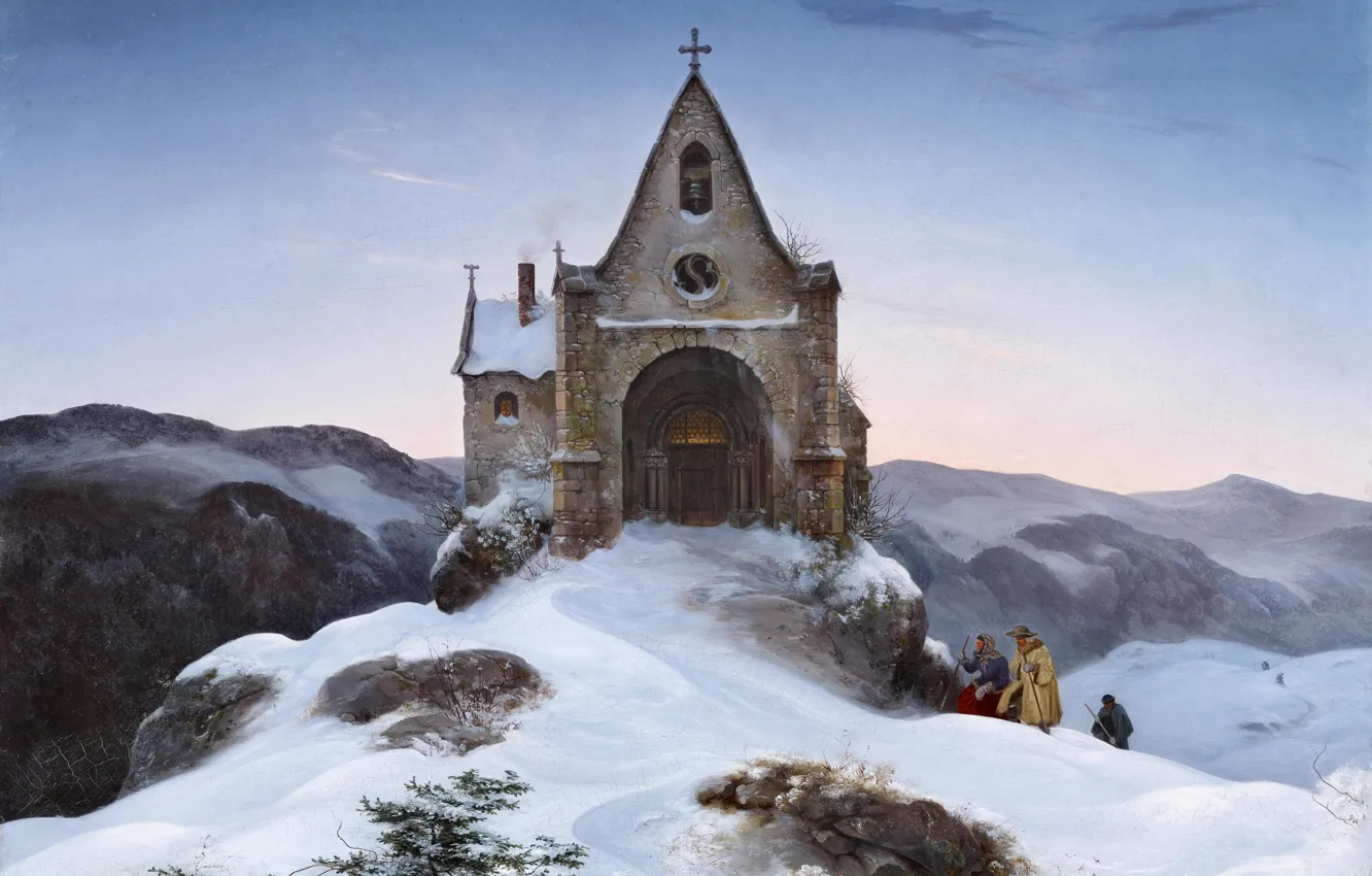Фото обои пейзаж, Bergkapelle im Winter, Горная часовня зимой, Ernst Ferdinand Oehme