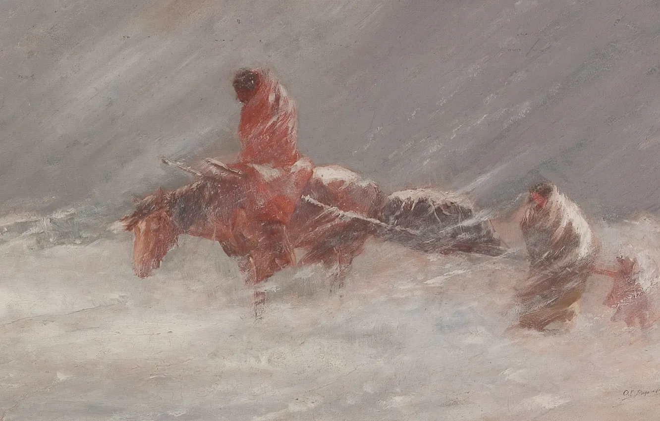 Фото обои вода, лошадь, повозка, Oscar Edmund Berninghaus, Snow Storm