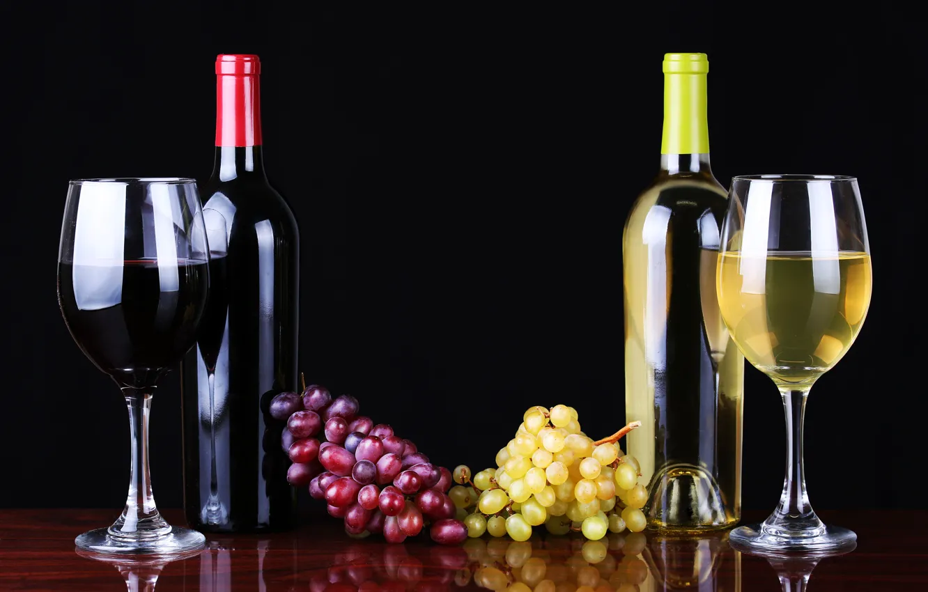 Фото обои вино, красное, белое, бокалы, виноград, бутылки, wine, grapes