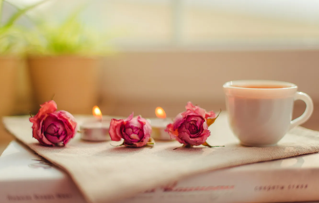 Фото обои цветы, розы, свечи, чашка, книга, розовые