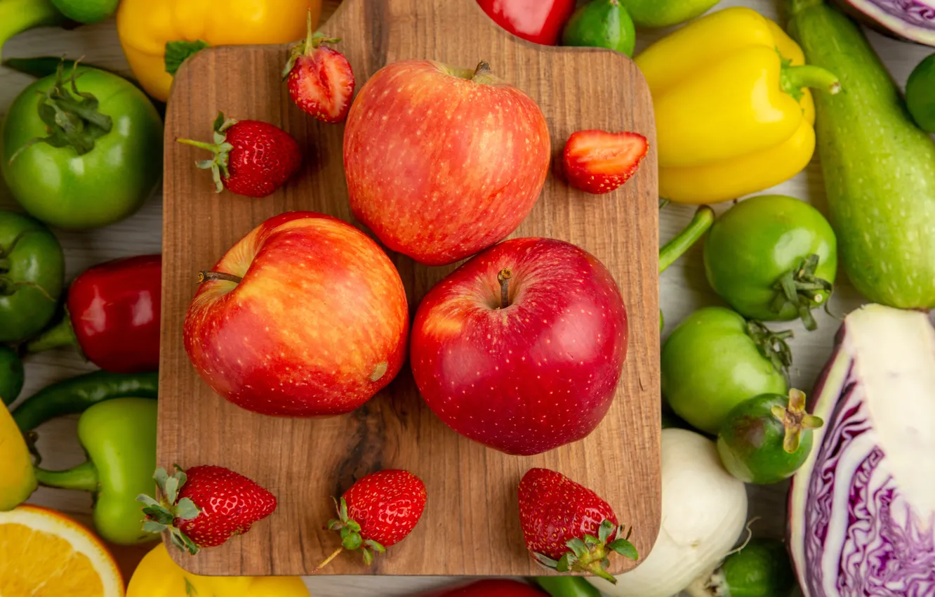 Фото обои ягоды, яблоки, клубника, перец