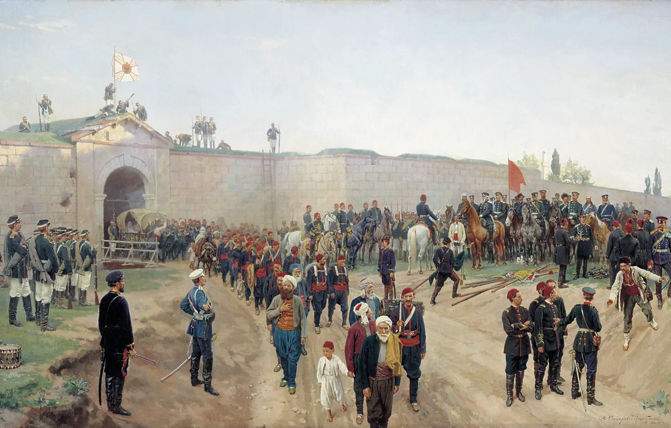Фото обои крепость, Холст, Николай ДМИТРИЕВ-ОРЕНБУРГСКИЙ, пленые, Сдача крепости Никополь 4 июля 1877 года. 1883