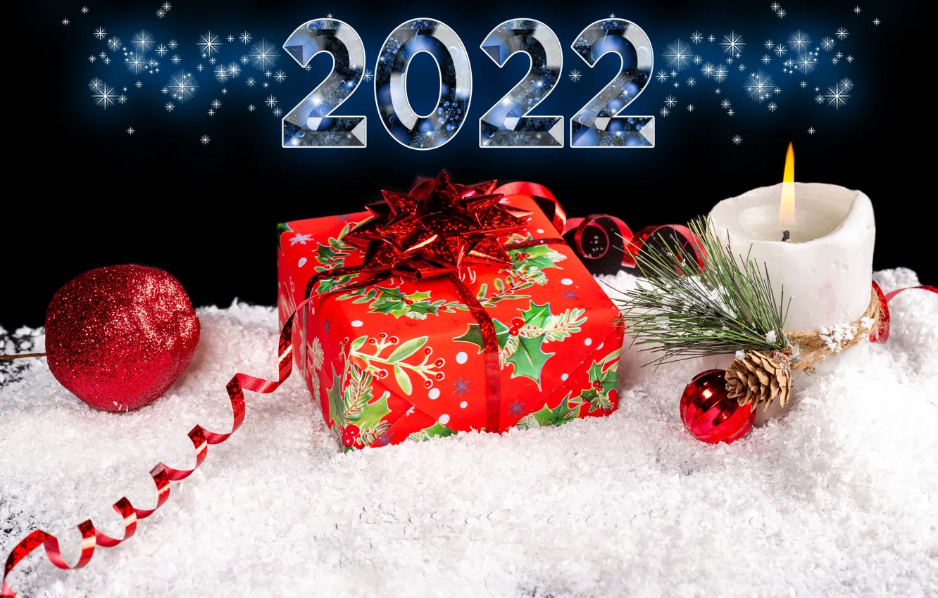 Фото обои снег, праздник, новый год, свеча, шишка, Happy New Year, серпантин, snow
