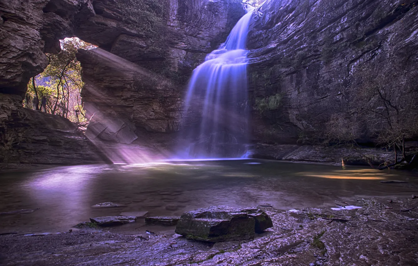 Фото обои скалы, водопад, поток, пещера