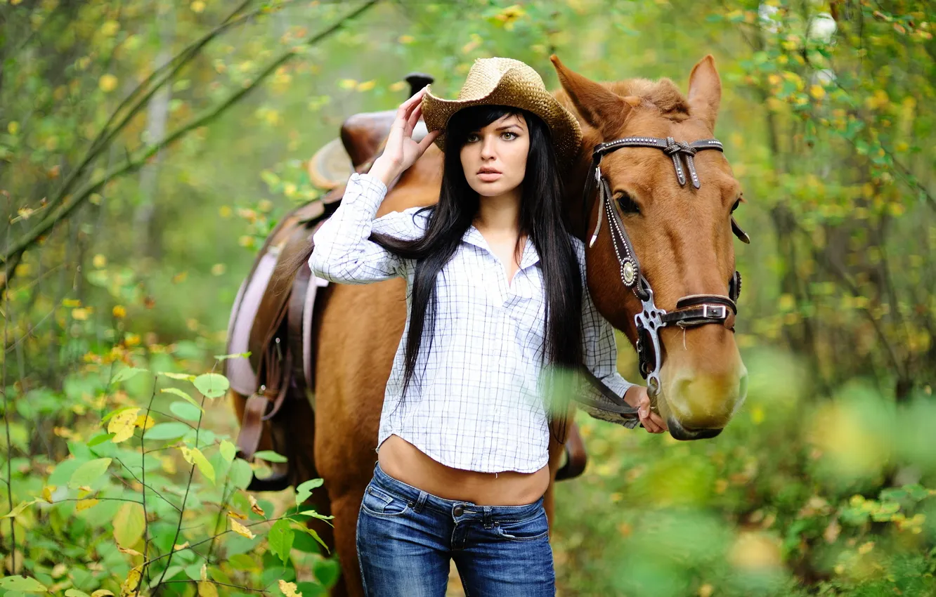 Фото обои лес, девушка, конь