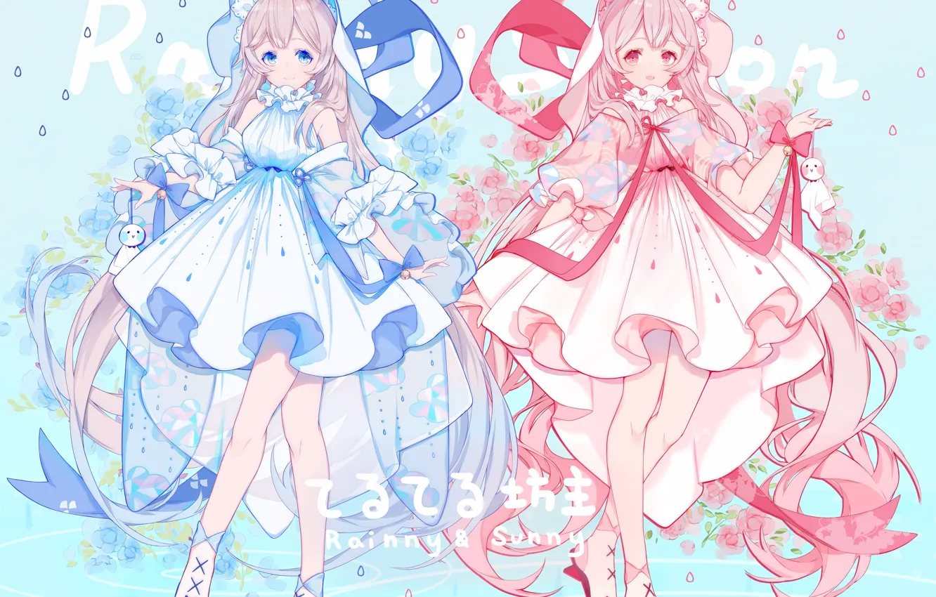 Фото обои девочки, аниме, голубое платье, розовое платье