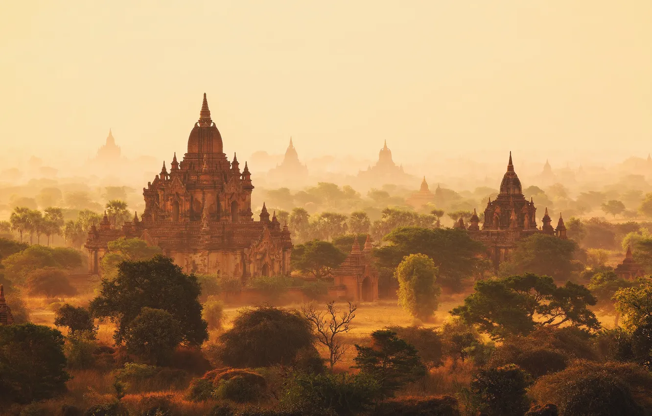 Фото обои утро, дымка, Мьянма, Бирма, храмы
