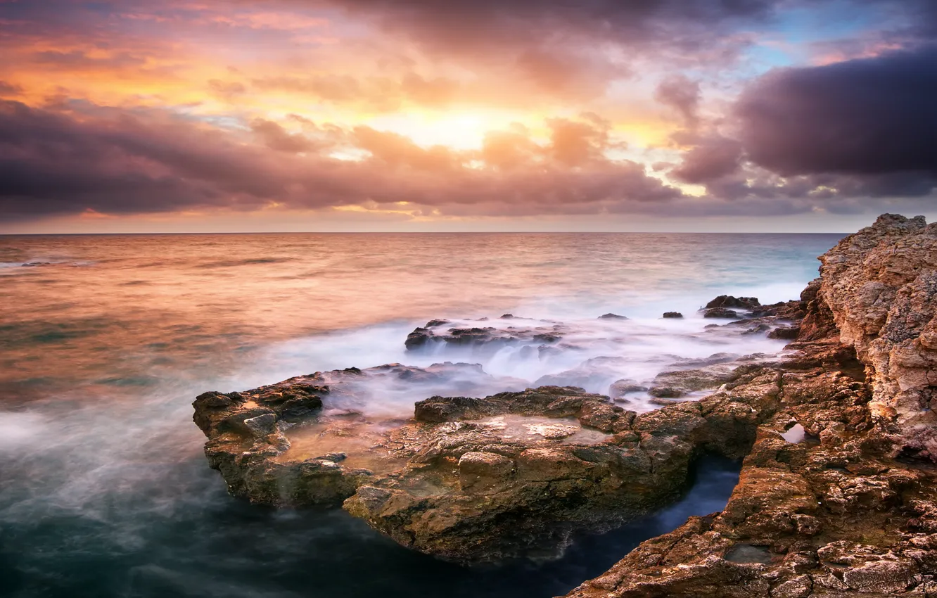 Фото обои море, небо, закат, камни, sky, sea, landscape, nature
