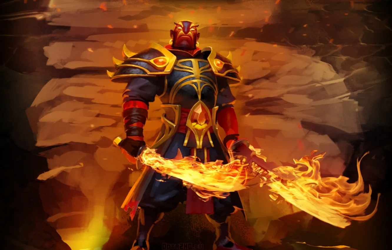 Фото обои оружие, стена, огонь, воин, арт, мечи, стойка, Dota 2
