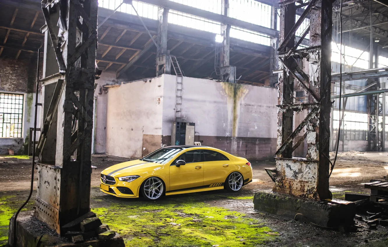 Фото обои Mercedes, Yellow, Side, 4matic, Mercedes - Benz, CLA, Hangar, Black Line