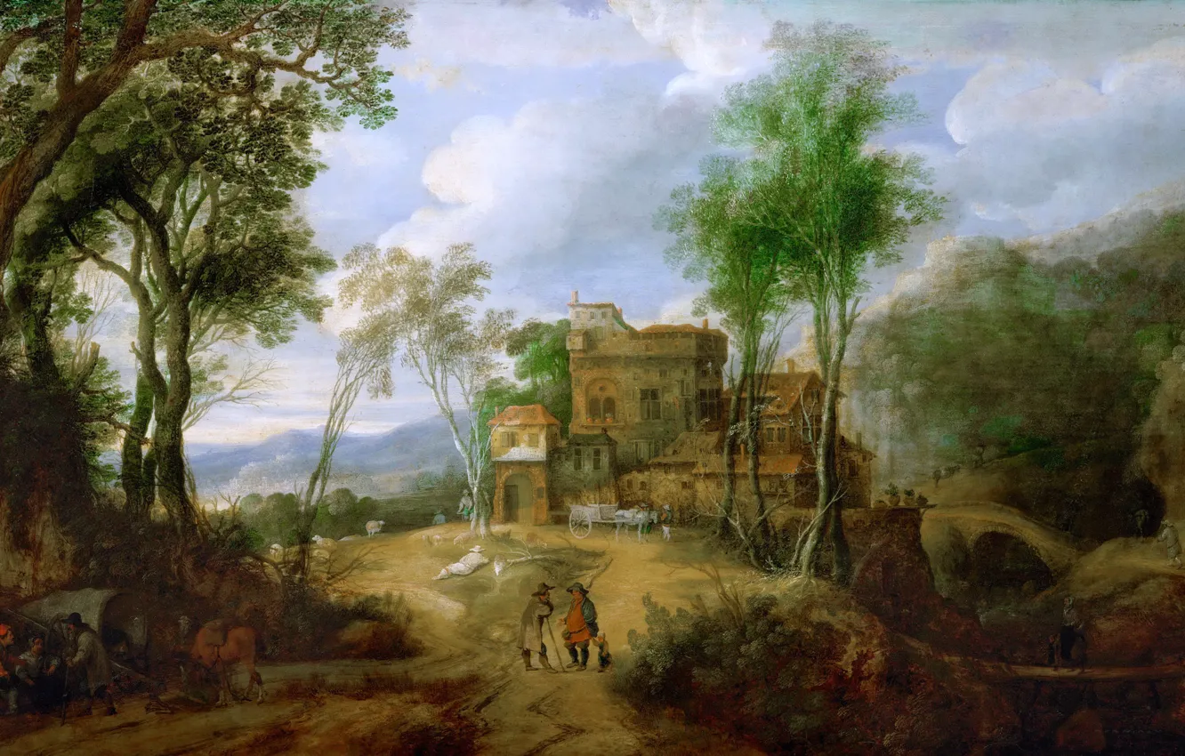 Фото обои деревья, пейзаж, горы, мост, люди, дома, картина, Mountain Landscape with Castle