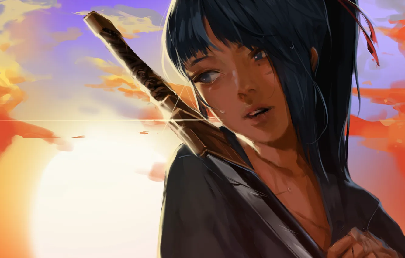 Фото обои girl, sword, fantasy, sky, weapon, sunset, blue eyes, clouds