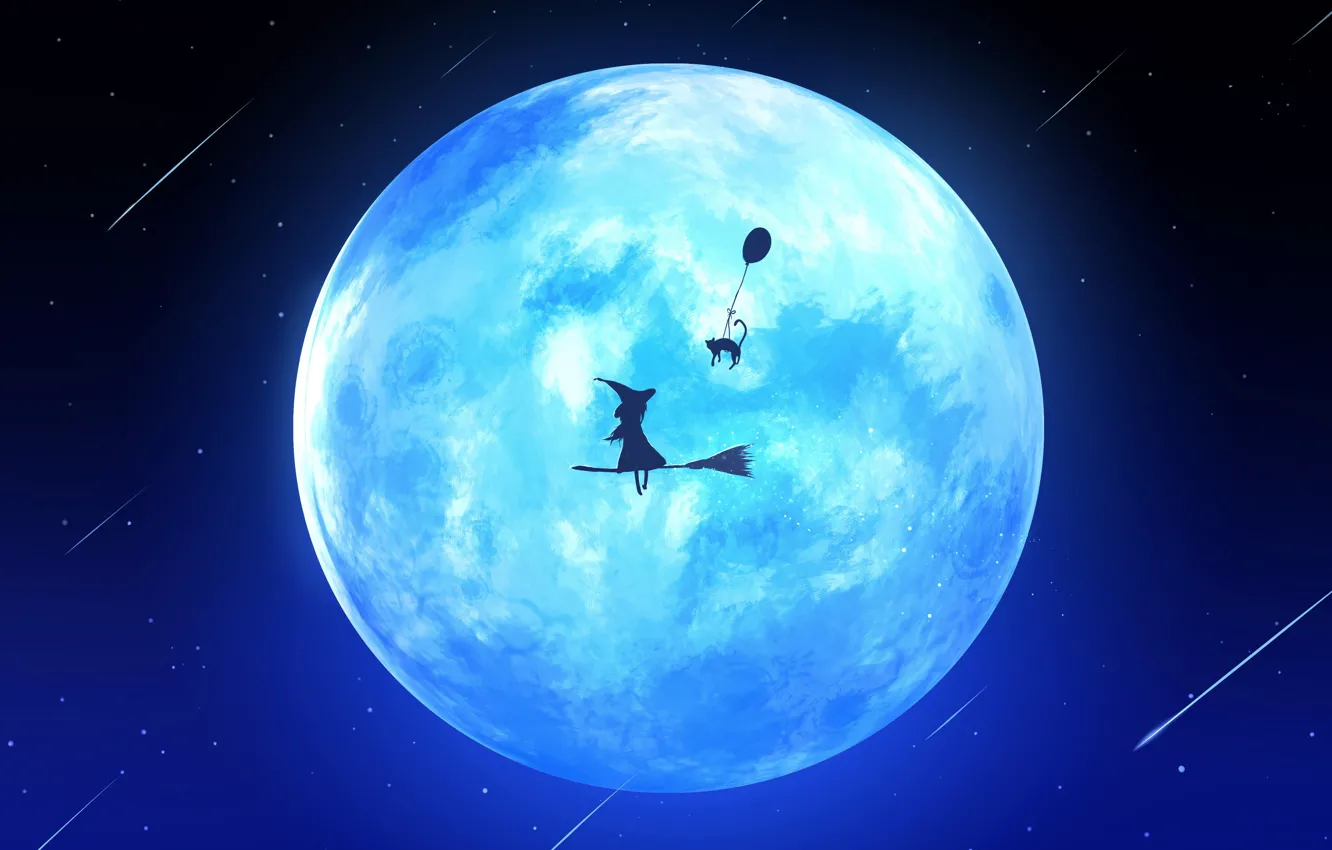 Фото обои кошка, небо, ночь, луна, шарик, ведьма, метла