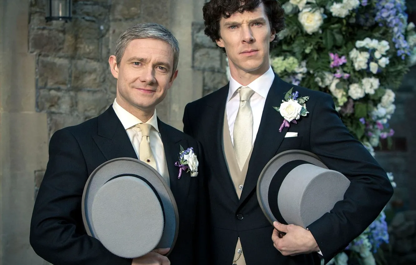 Фото обои жених, Свадьба, Мартин Фриман, Бенедикт Камбербэтч, Sherlock, Sherlock BBC, Sherlock Holmes, Друзья
