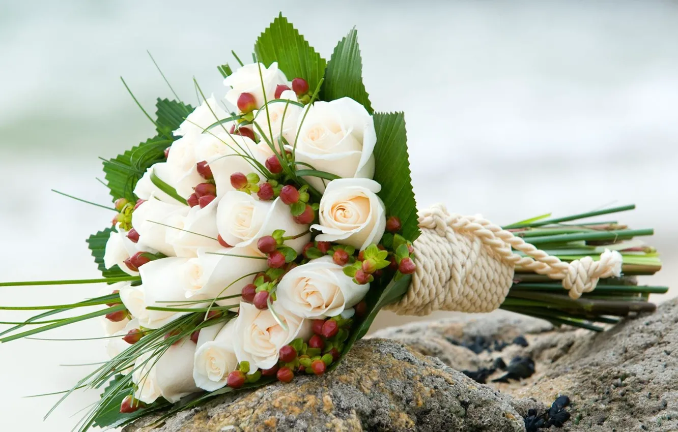 Фото обои море, настроение, берег, розы, букет, свадьба, верёвочка