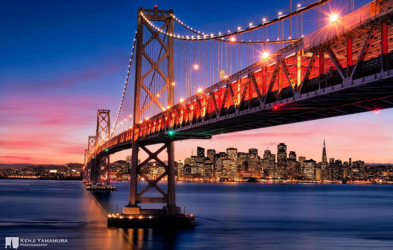 Фото обои небо, закат, мост, город, Сан-Франциско, photographer, Kenji Yamamura