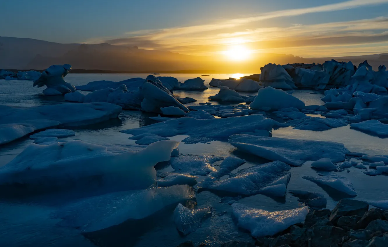 Фото обои закат, берег, лёд