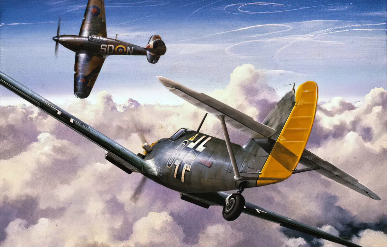 Фото обои war, art, airplane, aviation, ww2, hawker hurricane, messerschmitt bf 109