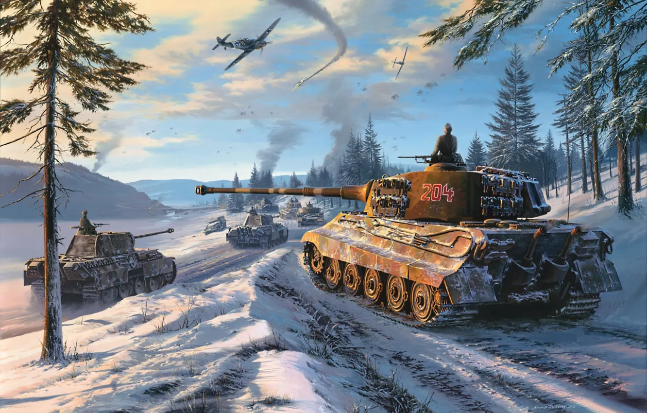 Фото обои зима, лес, небо, снег, рисунок, пантера, самолеты, танки