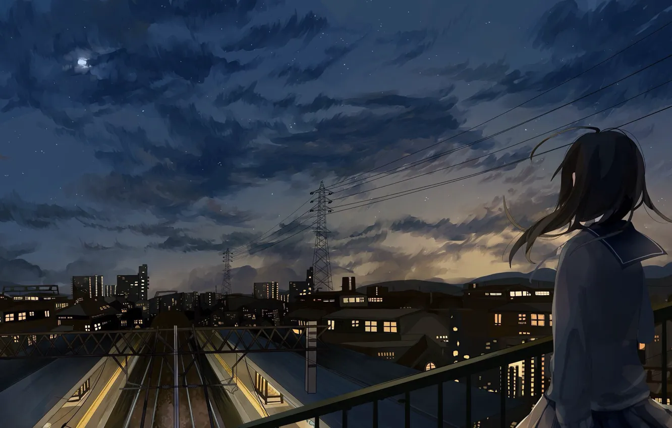 Фото обои город, вечер, школьница