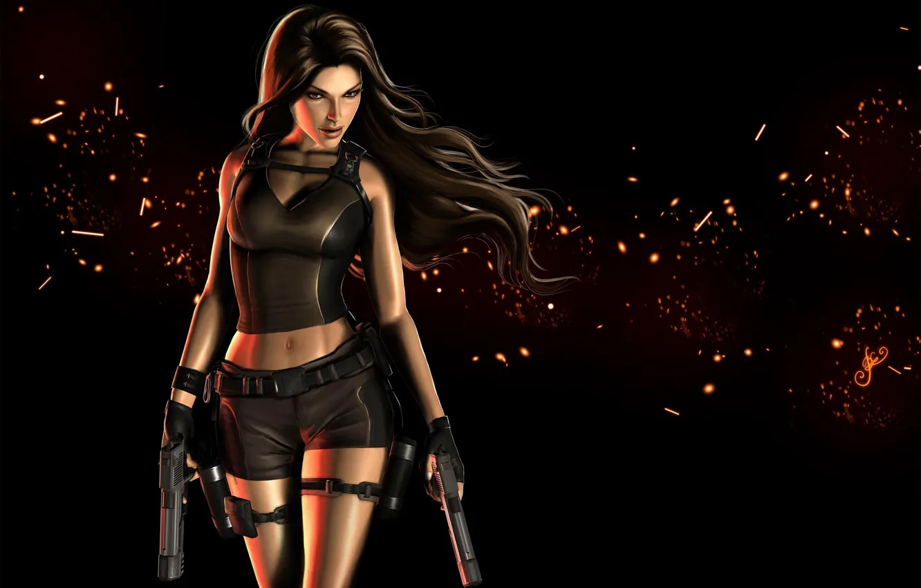 Фото обои взгляд, девушка, оружие, волосы, пистолеты, арт, Tomb Raider, черный фон