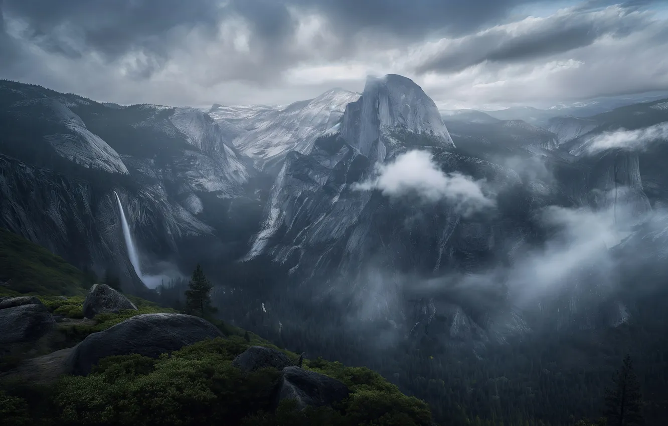 Фото обои landscape, mountains, fog, yosemite