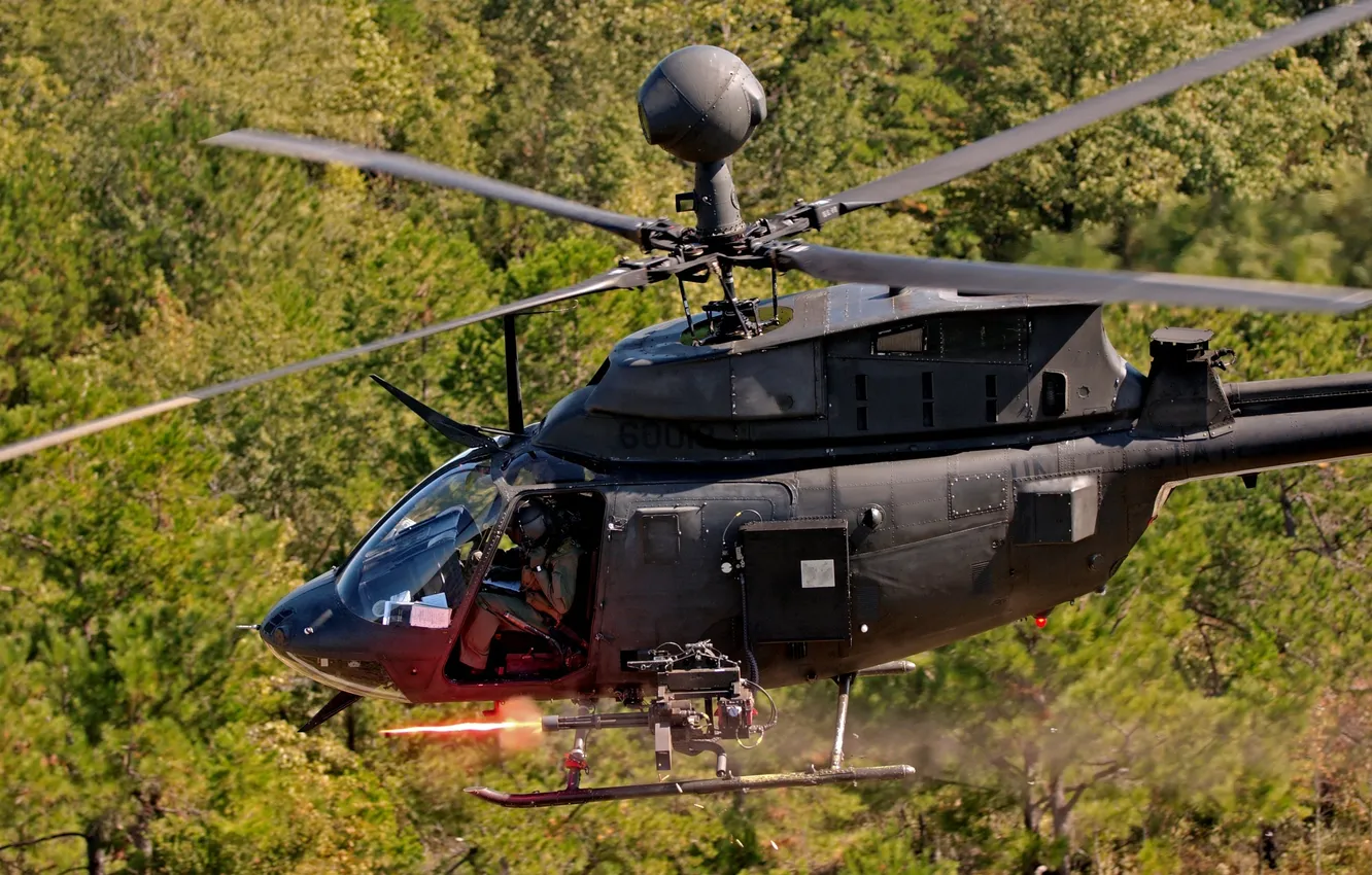 Фото обои fire, helicopter, Bell, Army, OH-58, Kiowa, Minigun, M134
