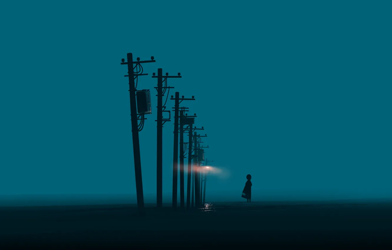 Фото обои небо, вода, туман, столбы, девочка, постапокалипсис, by Gracile