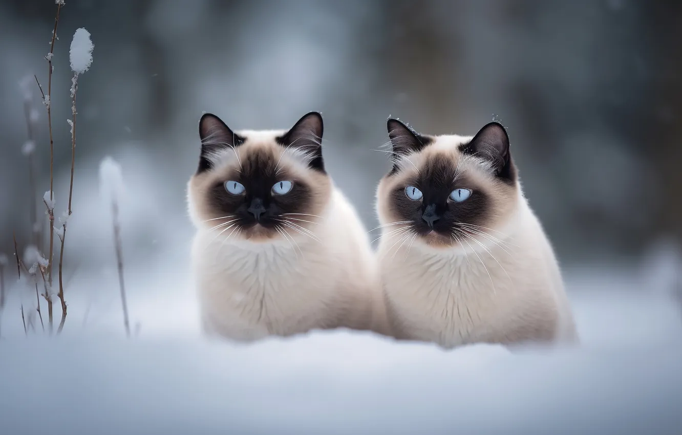 Фото обои зима, кошка, кот, взгляд, снег, кошки, природа, коты