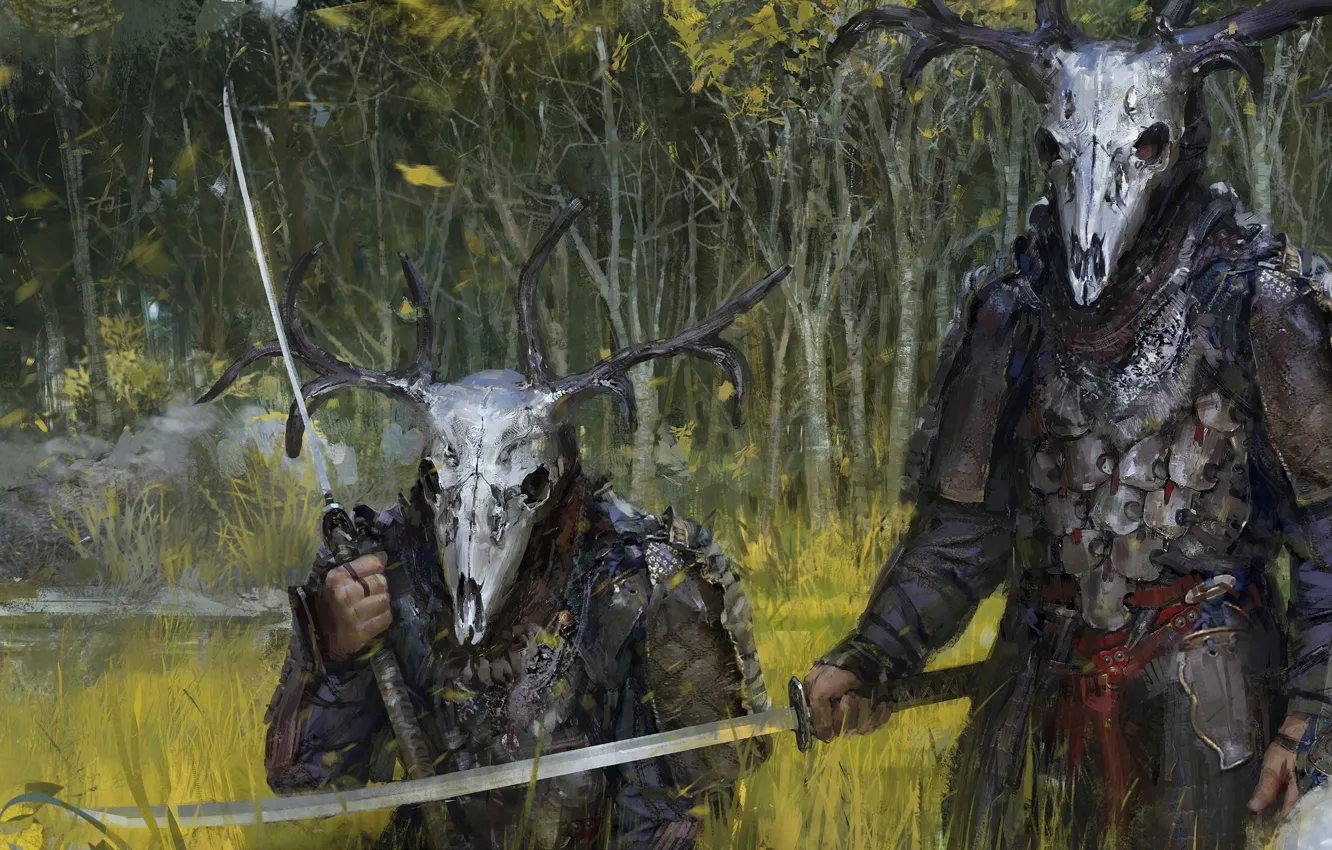 Фото обои лес, череп, меч, воин, шлем, Охотник, доспех