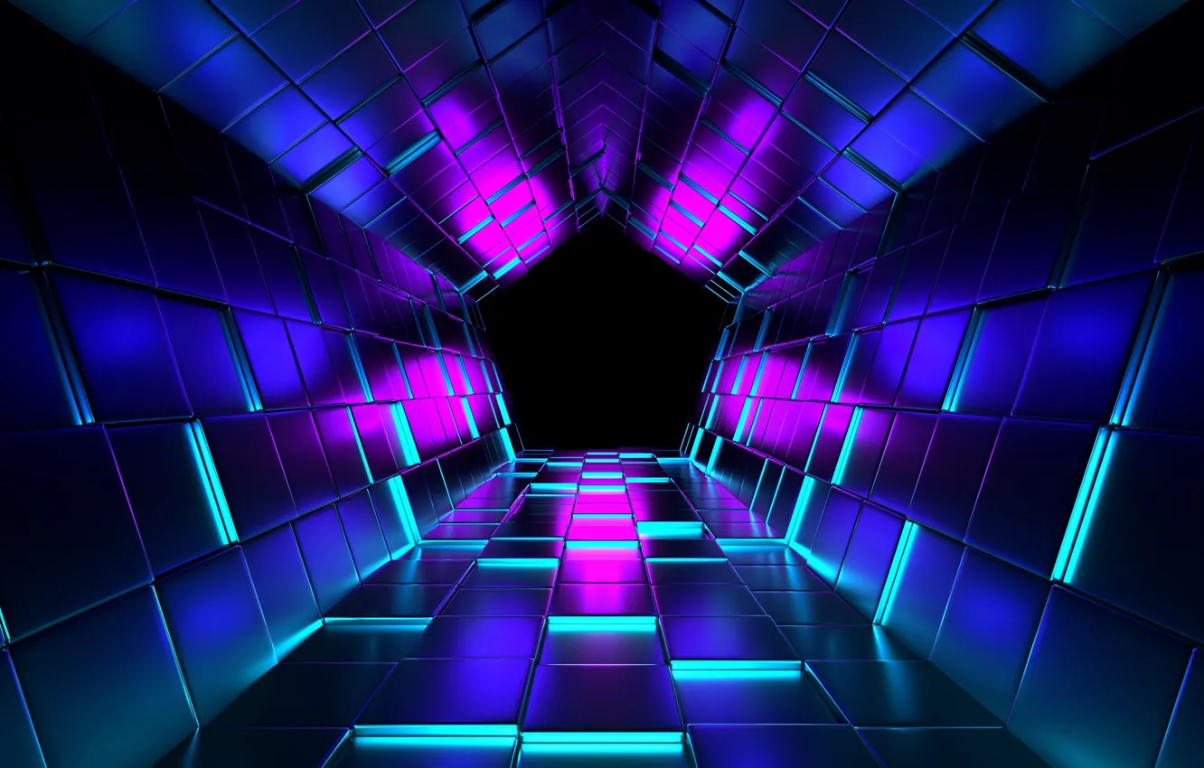 Фото обои кубы, тоннель, black, чернота, tunnel, cubes, Pentagon, неоновая подсветка