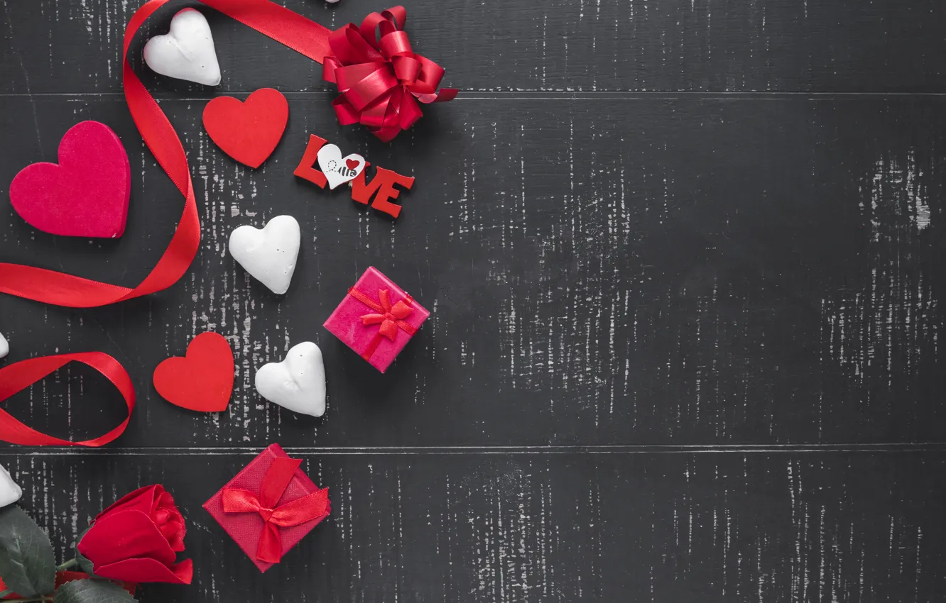 Фото обои праздник, роза, Love, лента, подарки, сердечки, valentine's day