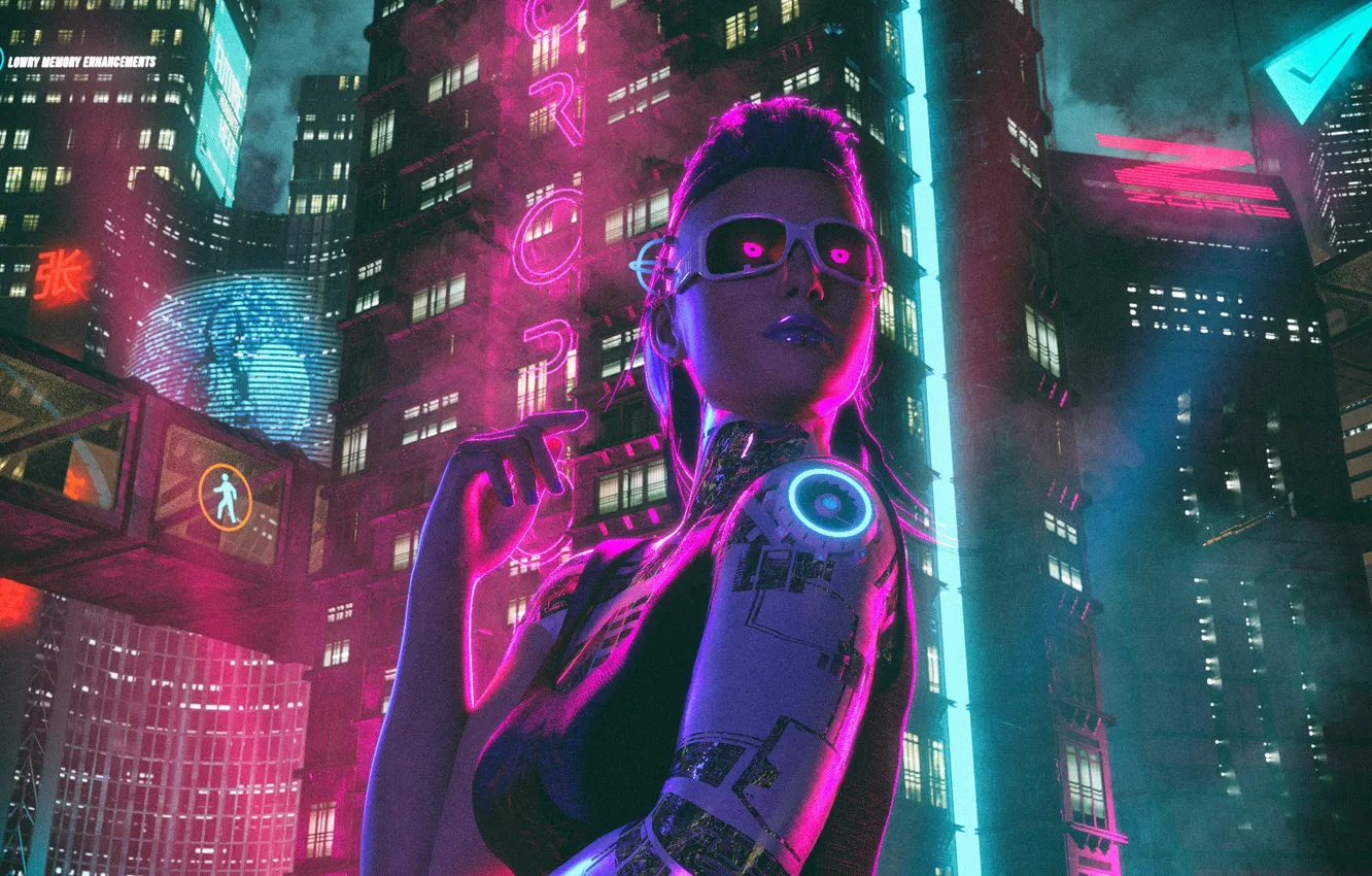 Фото обои Девушка, Ночь, Город, Neon, sci-fi, Киборг, Cyborg, Cyberpunk